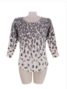 a.n.a. Leopard Print Knit Sweater Gray Ivory Animal Print XS